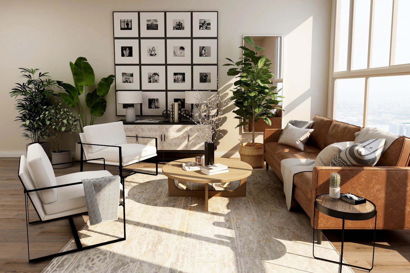 A bright living room with sun falling across the floor by tall windows
