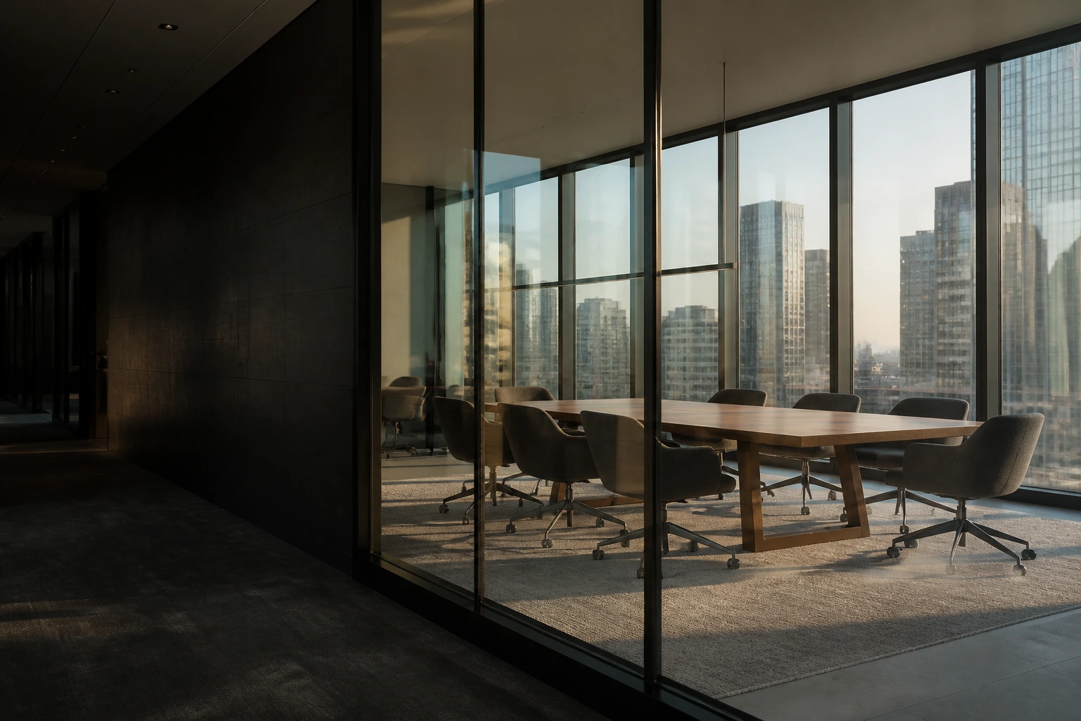 A glazed meeting room with solar-control windows overlooking a city skyline