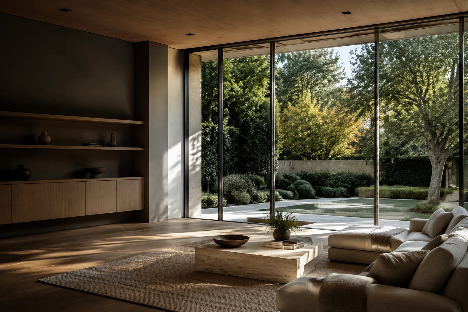 A calm living room with floor-to-ceiling glazing overlooking a landscaped garden